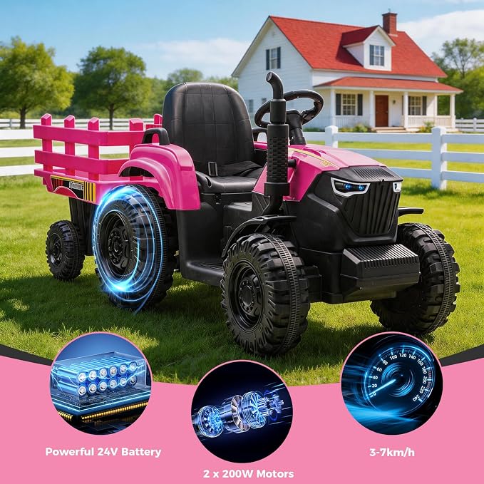 24V Kids Ride-On Tractor with Trailer, 400W Electric Farm Truck with Remote & Pedal Control, Headlights, USB MP3, Power Display, Adjustable Speeds, Safety Belt, Ride-On Toy Gift, Magenta