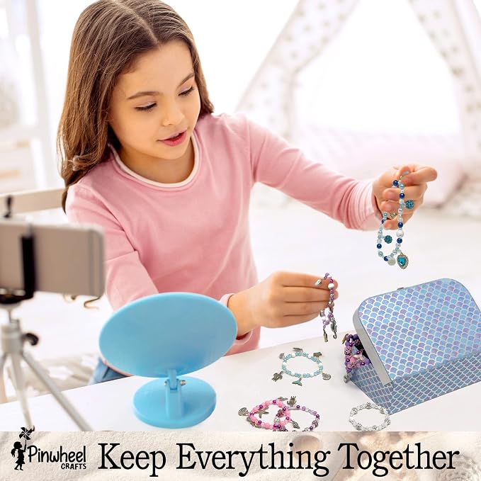 Pinwheel Crafts Mermaid Charm Bracelet Making Kit with Storage Case - DIY Kids Bracelet Making Kit for Girls 8-12 - Birthday Gift & Craft Supplies with Beads and Ocean Charms