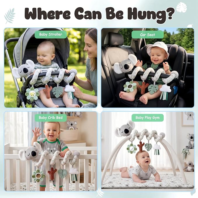 Stuffed Aesthetic Koala Spiral Car Seat Toys for Babies, Gender Neutral Infant Stroller Toy with Teether Hanging, Baby Registry Search Must Haves 0-6 Months