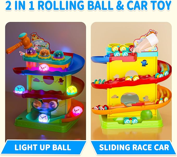 Funwee 2-in-1 Light Up Rolling Ball & Racing Car Ramp Toddler Toy, Race Track Hammer Ball Drop Toys, Interactive Montessori Learning Game for Kids 1-5+ Year Old Girl Boy Gift(Yellow)