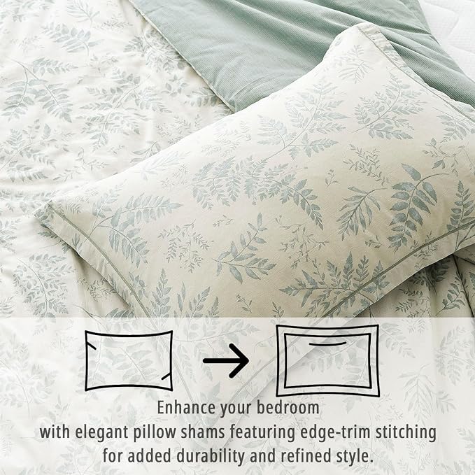 LEMIROE Botanical Cotton Comforter King Size - Dusty Green Comforter Printed with Luxurious Greyish-Green Ferns on Beige,Reversible Lightweight Bedding Sets 3Pcs(104"×90")