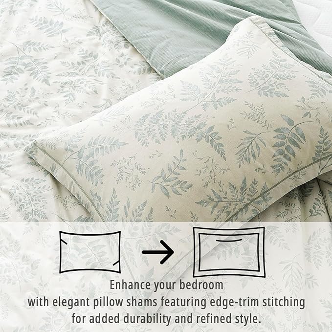 LEMIROE Botanical Cotton Comforter Queen Size - Dusty Green Comforter Printed with Luxurious Greyish-Green Ferns on Beige,Reversible Lightweight Bedding Sets 3Pcs(90"×90")