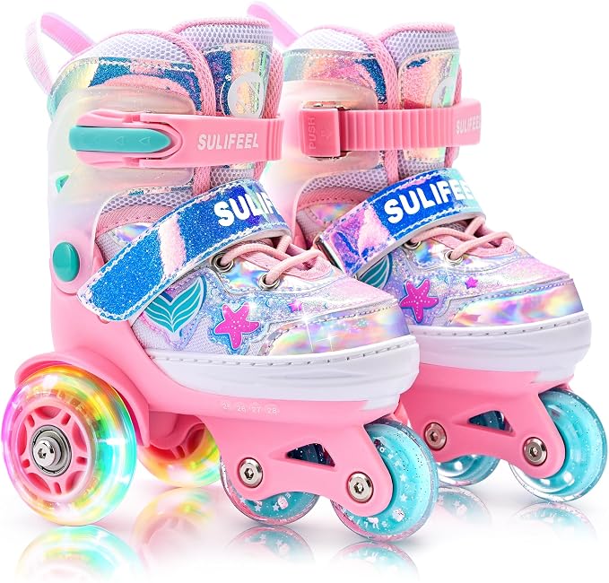 SULIFEEL Adjustable Roller Skates for Girls Boys Kids,Fun Illuminating Light Up Flash Wheels Three-Point Type Balance Suitable for Beginners Indoor Roller Skating