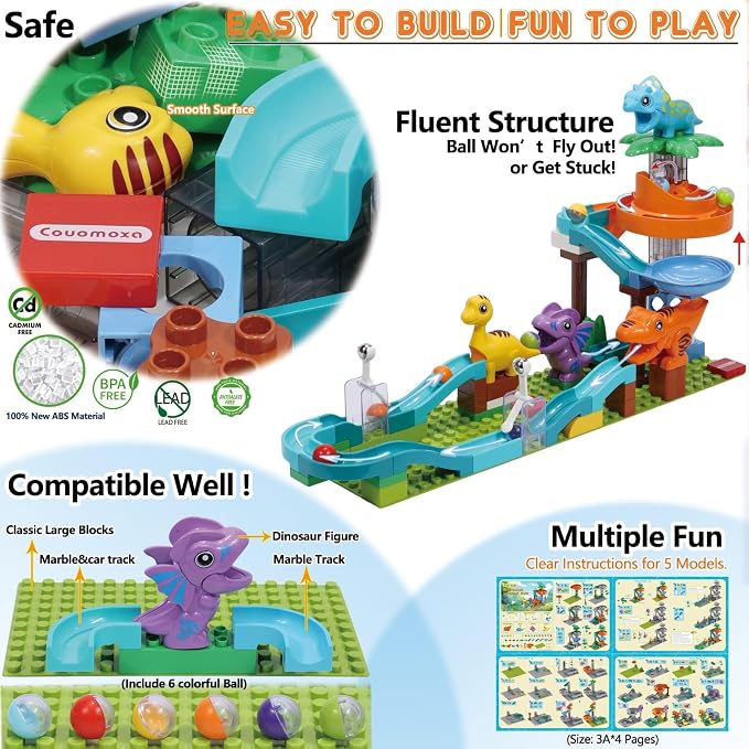 Dinosaur Marble Run Building for Kids: 3 4 5 6 7 8 Years Old Kids Dinosaur Building Blocks Toys - Preschool Montessori Game Compatible with Major Brands for Boys Girls