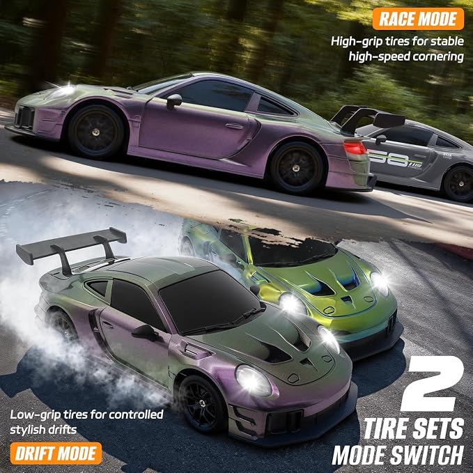 RC Drift Car, 1:24 4WD Remote Control Cars Vehicle with LED Light,2.4GHz 20KM/H High Speed RC Cars with Two Batteries & Drifting Tires Racing Sport Toy for Adults Boys Girls Kids