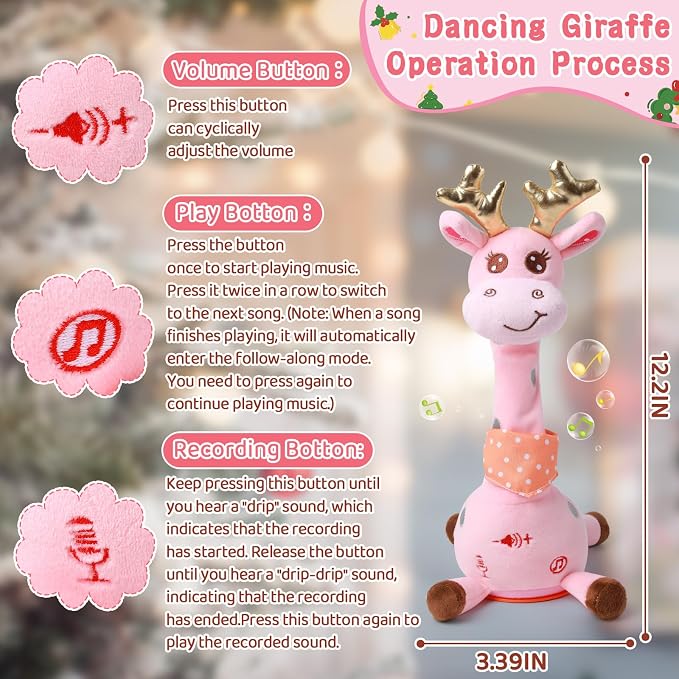Dancing Talking Giraffe Toy, Stuffed Animal Baby Toy Repeating What You Say, Glowing Musical Giraffe Gifts for Toddlers 1-3 Years Old, for Kids (Pink Giraffe with Golden Antlers)
