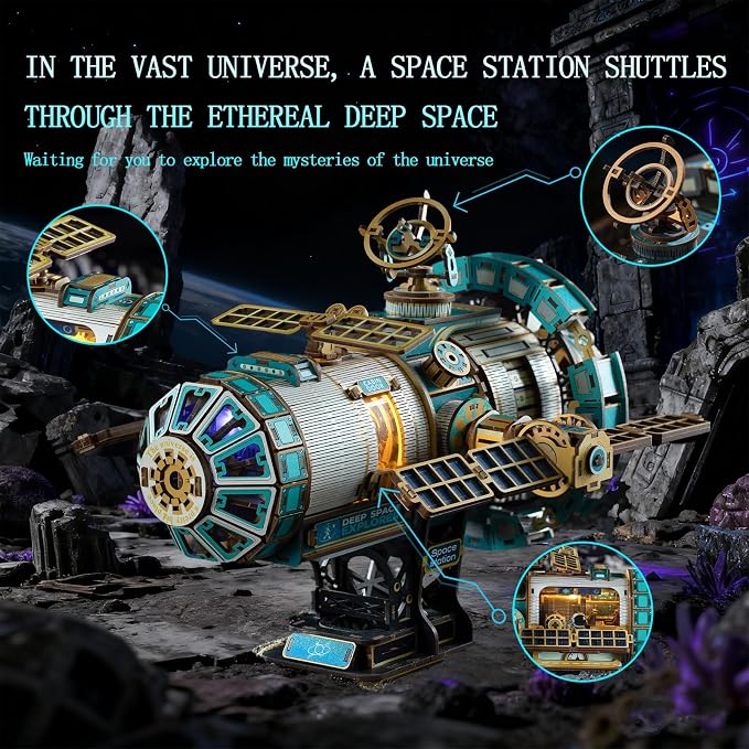 3D Wooden Puzzles for Adults - Space Station Mechanical Model Kit with Lights & Music, 511PCS Adult Wooden Puzzles, DIY Building Toy for Teen & Adults, Miniature House Kit for Birthday Father's Day