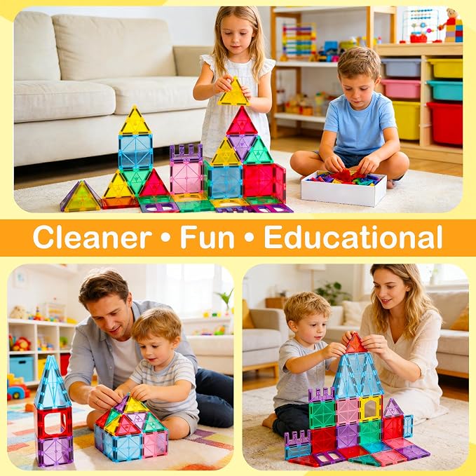 Antibacterial Magnetic Tiles 58PCS, STEM Toy for Kids Aged 3+ | Bacteria resistant, Safer play, EPA-registered, Fits other brands, ABS plastic, Montessori toy, Daycare, Classroom gift