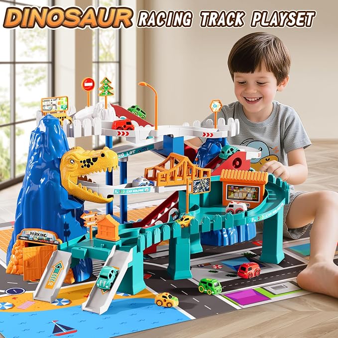 MSKOLER Dinosaur Race Car Tracks for Toddlers 3-4 Years, Dinosaur Climbing Hills Railcar, Toy Car Track Play Set with 7 Small Race Cars, Preschool Birthday Gifts for 3 4 5 6 7 8 Year Old Boys Girls