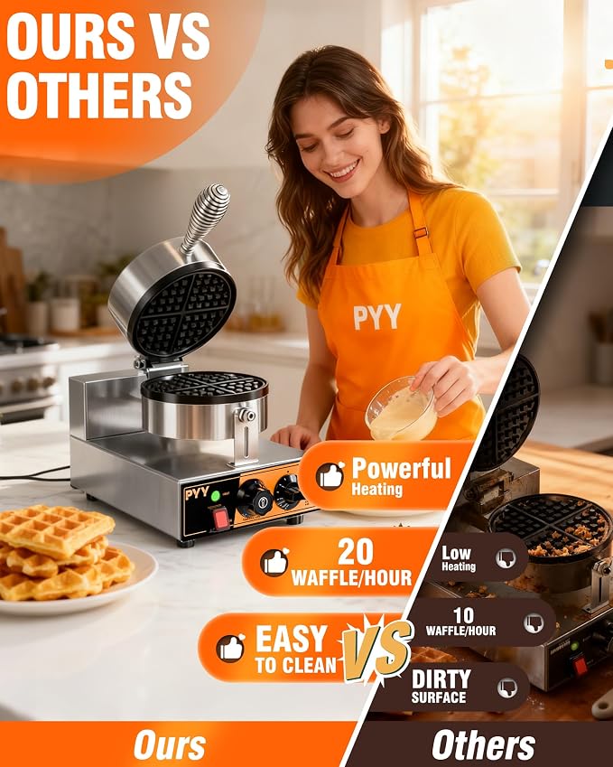 PYY Commercial Waffle Maker - 20Pcs/H Stainless Steel Round Belgian Waffle Machine, 1300W Non-stick Waffle Iron, Time Control and Temperature Adjustable, for Home Kitchen, Breakfast Restaurant