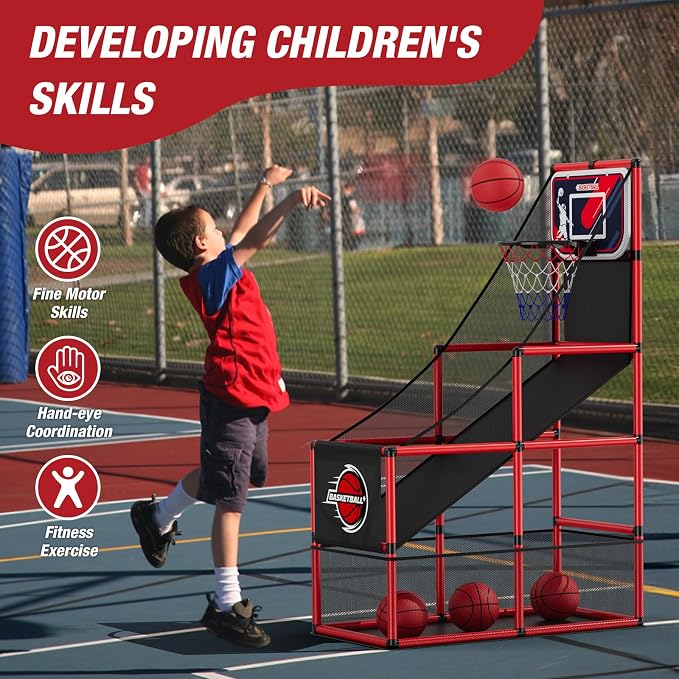 HYES Basketball Arcade Game Indoor Outdoor, Kids Basketball Hoop with 4 Balls & Pump, Single Shot Basketball Game at Home, Carnival Games Sport Toys for Boys Girls Teens