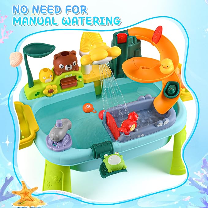 Kids Sand & Water Table — 4-in-1 Kitchen Sink Toy with Battery-Powered Water Pump, Faucet, Play Food & Fishing Set, for Boys & Girls Age 3+ (Blue-Sunflower)