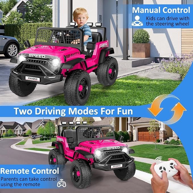 Hikole 24V Electric Car for Kids Ages 4-8 w/Parent Remote, Battery Powered Truck Toys for Toddler Boys Girls, Spring Suspension, Safety Belt, Music Player, 3 Speeds, Bright LED Light, Pink