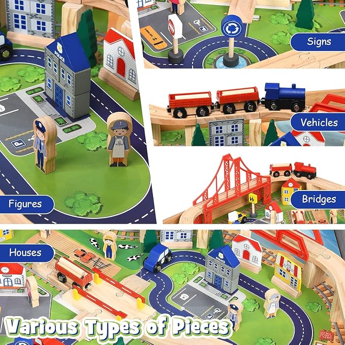 Costzon Train Table with 100 Multicolor Pieces, Wooden Kids Activity Table with Large Rolling Storage Drawer, Tracks, Cars, DIY Design, Train Set Table for Toddlers 3+, Gift for Boys Girls