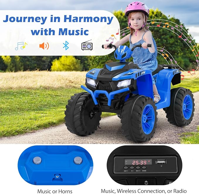 Costzon Kids ATV, 24V Four Wheeler Quad Ride on Car w/Forward/Backward, 2 Speeds, Wireless Connection, Music, Radio, LED Lights, Electric Vehicle Toddler 4 Wheeler for Kids, Boys & Girls 3-8 (Blue)
