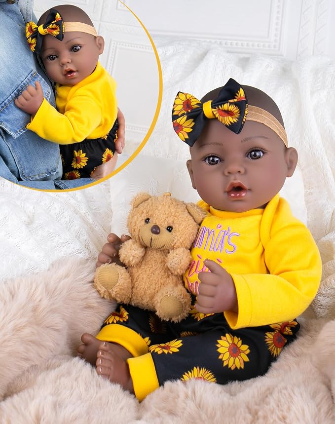 Aori Black Reborn Baby Dolls, 18 inches Real Black Baby Doll with Feeding Kit Included, Realistic Newborn Black Baby for Kids 3+, Birthday, Pretend Play