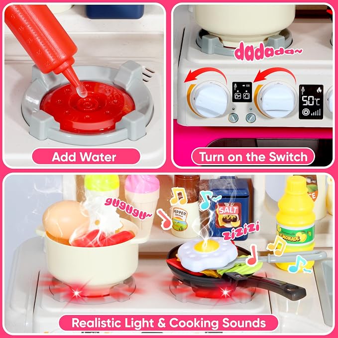 Kids Kitchen Playset, 36.22'' Play Kitchen for Toddlers 3-5 with Steam, Sound & Light, Cooking Stove, Play Sink, Oven and Toy Kitchen Accessories, Kitchen Set for Toddlers Girls 3 4 5 (Pink)