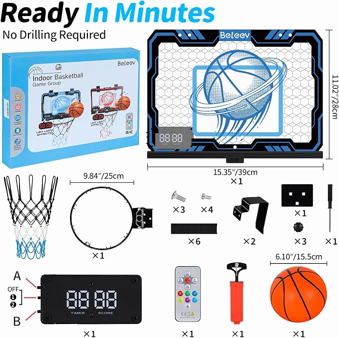 BELEEV Indoor Mini Basketball Hoop with LED Lights, Electronic Scoreboard & Sounds, Over The Door Basketball Hoop for Kids, Ball & Pump Included, Indoor Sports Toy Gift for Boys Girls Ages 4-12 (Blue)