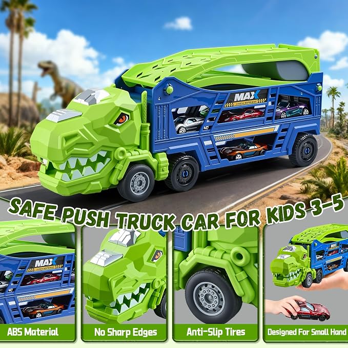 Dinosaur Truck Toys for Kids 3-5 - Transporter Carrier Truck with 6 Die-Cast Cars Toys, 3 in 1 Truck with 2 Foldable Race Tracks, Christmas Birthday Gifts Toys for 3 4 5 6 Years Old Boys(Jungle Blue)