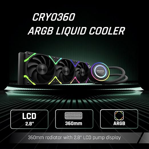 CRYORIG CRYO 360 Black AIO Liuquid Cooler, 2.8-inch LCD Display, 360mm ARGB Water Cooling, High-Performance Pressure Fan, Compatible with AM4/AM5, LGA115X/1200/1700/1851