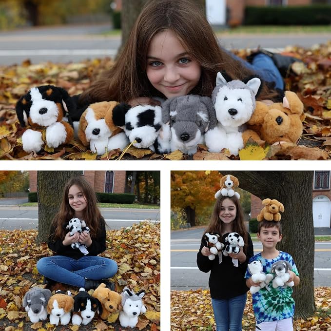 Tezituor 6 Pack Dog Stuffed Animals, 11 Inch Fluffy Puppy Plush Toys Bulk, Assorted Stuffed Dogs for Kids, Lying Dog Plush Set for Birthday Party Favors, Dog Themed Gifts