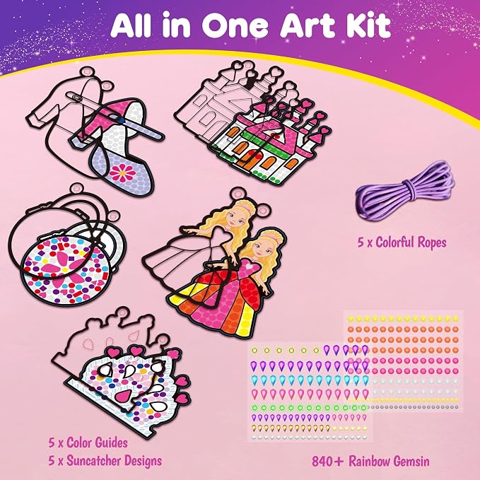 Princess Diamond Art Kits for Kids: 5PCS Big Gem Window Art Suncatcher Birthday Gifts Kit for Girls Ages 4 5 6 7 8 9 10 - DIY Creative Kids' Mosaic Kits Diamond Art Crafts Toys