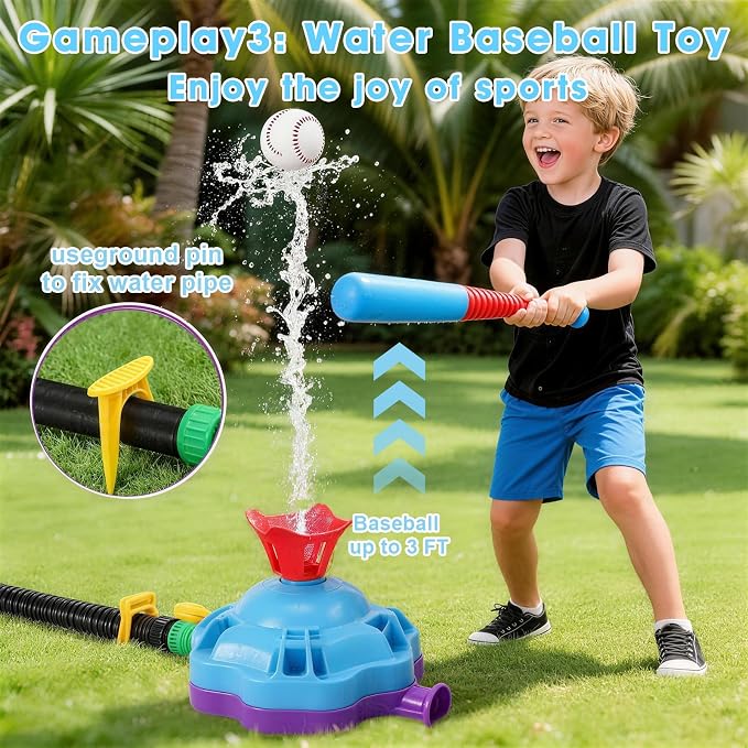 4-in-1 Water Sprinkler Toys for Kids, Outdoor Water Baseball, Rotating Water Spray, Rocket Launcher for Toddlers 3-5, Backyard, Garden, Lawn, and Pool Summer Playset for Boys and Girls Aged 4-12.