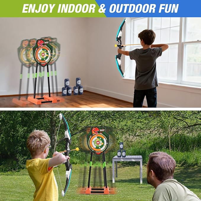 HYES 2 Pack Bow and Arrow with Moving Target for Kids, LED Light Up Archery Set with 24 Suction Cup Arrows, 6 Score Targets & 2 Quiver, Indoor Outdoor Sport Gifts for Boys Girls Ages 4-12