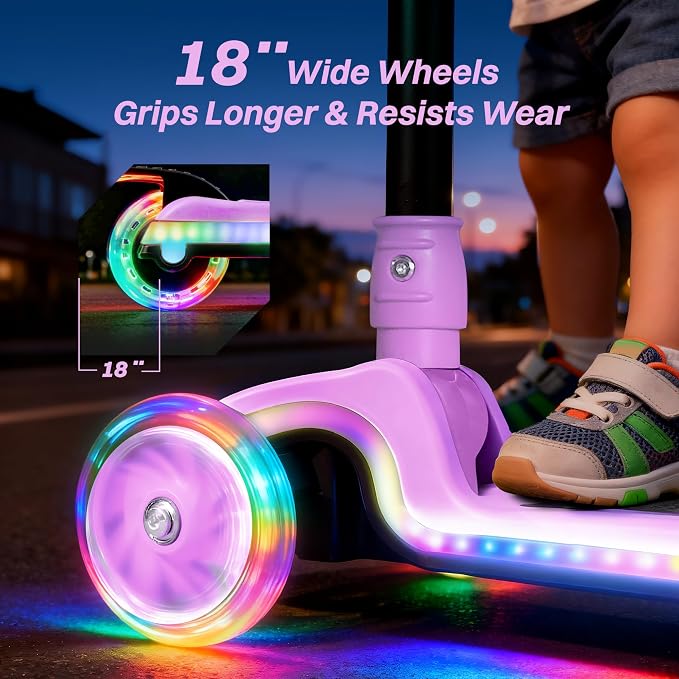 JOVA ZIFFY Light-Up Toddler Scooters for Kids 3-8, 3 Wheel Kids Scooter for Boy Girl 110lbs, 20 Dynamic LED Lights, 4 Adjustable Height Ride-on Kick Scooter, Lean-to-Steer Anti-Slip Wide Deck