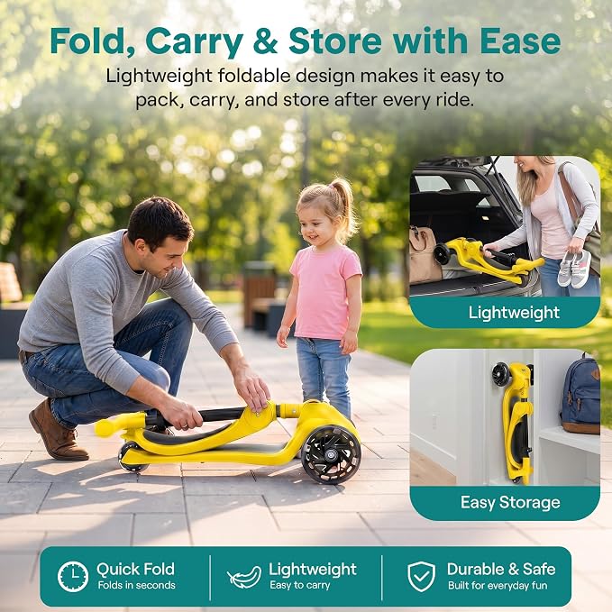 SereneLife 3 Wheel Scooter for Toddlers & Kids, Foldable Seat, LED Wheels, Adjustable Handlebar, Anti-Slip Deck, Rear Foot Brake, Lean-to-Steer, Kid Scooter Ages 18M–7Y, Supports up to 110 lbs, Yellow
