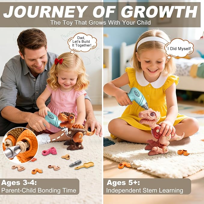 Laradola Assemble Dinosaur Toys for Kids: 3 Pack Dinosaur Construction Building Set with Electric Toy Drill & Screwdrivers - STEM Learning Hands-On Play Birthday Gift for Boys Girls Ages 3-5 5-7