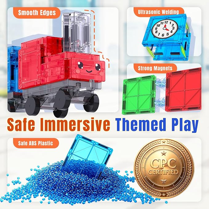 SKTMYY Train Toy Magnetic Tiles for Kids Ages 4-8 with Train Station Tracks | Magnet Building Blocks with Cars Signal Preschool Classroom STEM Montessori Toys Birthday Gifts for Boys Girls Toddler 3-5
