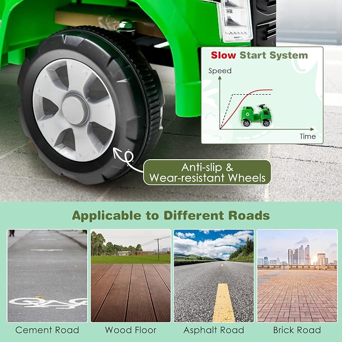 Costzon Ride on Car, 12V Battery Powered Recycling Garbage Truck w/Remote Control, Warning Lights, Music, Horn, 6 Recycling Accessories, Ride on Truck Toy for Kids 3-8 Years Old (Green)