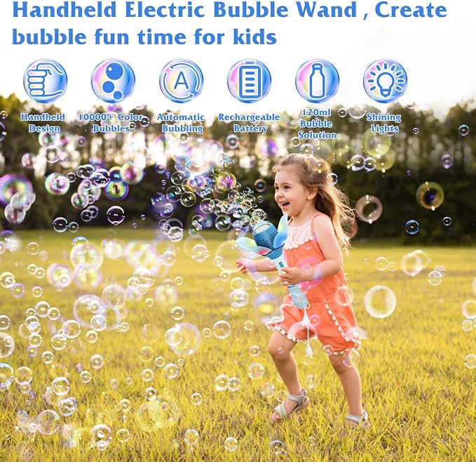 Panamalar Electric Bubble Wand for Kids, Automatic Bubble Machine 10000+ Bubbles Per Minute with Battery/Lights/120ml Solution, Light Up Flower Bubble Wand Bubble Toys for Summer Outdoor Party Wedding