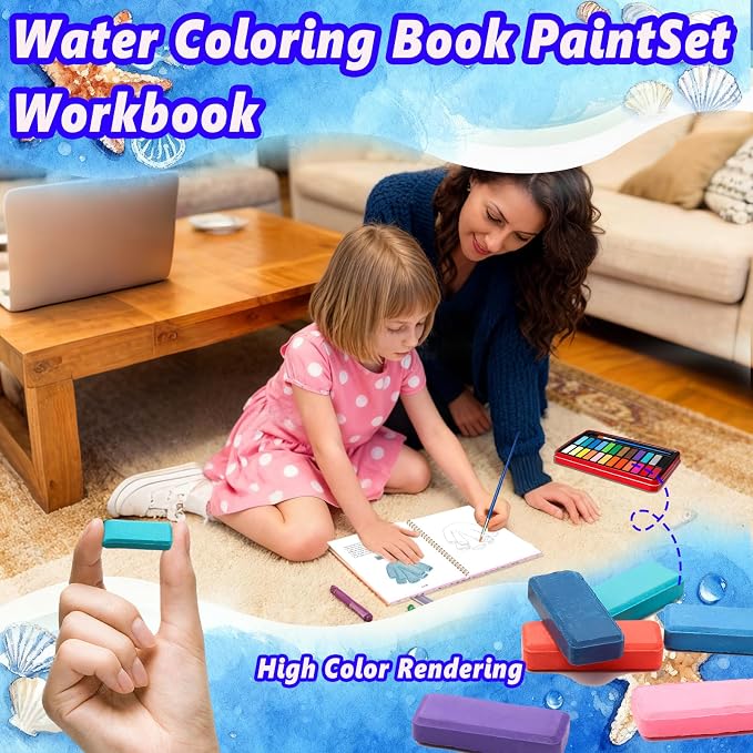 Watercolor Workbook - Coloring Book Beginner Friendly Painting Kit, Watercolor Workbooks for Adults with 24 Colors Paint, Exploration Gift for Adults Teens (Seaside)
