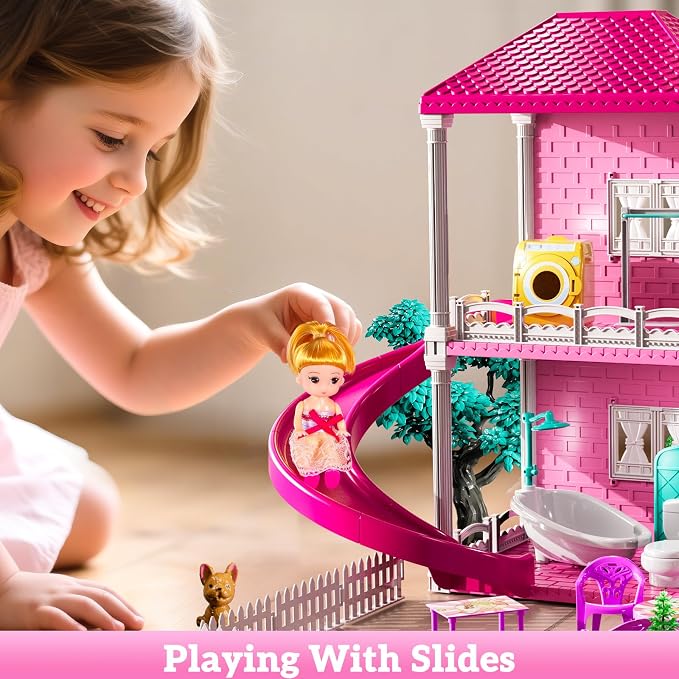 JUKUDAHU Villa Playset for Girls Ages 3-7, Indoor Playset Girls Toys with 3 Storeys 7 Rooms 2 Dolls for Ages 6-8, Furniture and Accessories, Pretend Toddler Toy, Birthday Gifts for Kids 3 4 5 6 7 8