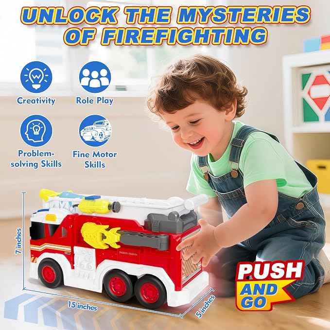 Large Fire Trucks Toys for Toddlers, Kids Toys for 3 4 5 6 7 8 Years Old Boys, 15" Firetruck Toy for Kids with Ladder, Lights, Sounds & Water Shooting, Christmas Birthday Gifts for Boys & Girls