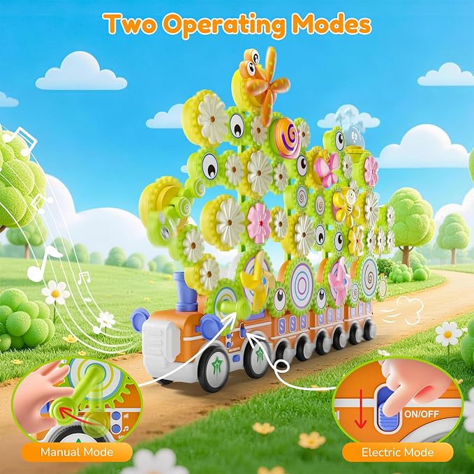 Gears Building Toys for Kids Ages 3+, STEM Construction Set for Toddlers, Train and Flower Models with Electric & Manual Modes, Lights and Music, DIY Educational Learning Toys Gift for Boys and Girls