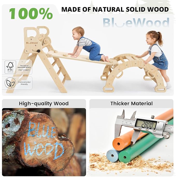 BlueWood Pikler Triangle Set with Cushion, 8-in-1 Climbing Toys for Toddlers, Montessori Philosophy Play Jungle Gym with Arch, Ramp, Ladder(Natural Wood)