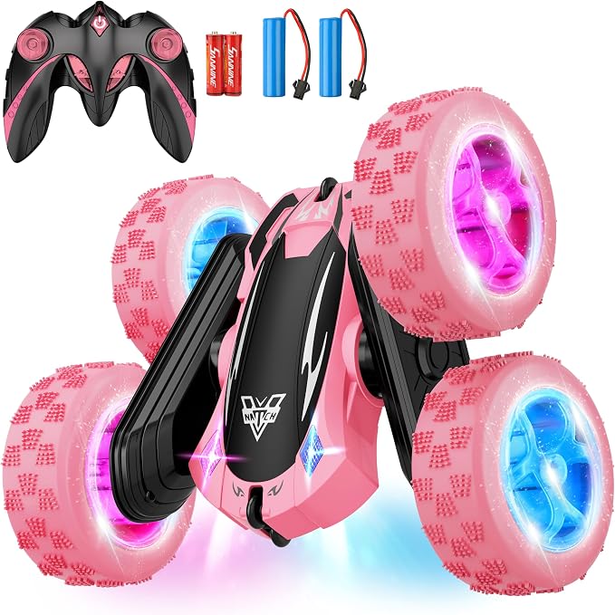 Remote Control Car, 2.4GHz RC Stunt Car, Double Sided 360° Rotating RC Cars with LED Headlight & LED Wheel, High Speed Off Road RC Crawler Xmas Gift for 3 4 5 6 7 8-12 Year Old Girls Toys (Pink)