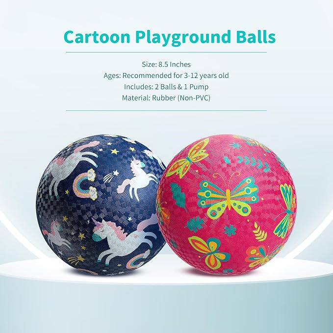ZOOJOY Pack of 2 Cartoon Playground Balls, Balls for Toddler 3-12, 8.5" Rubber Ball Bouncy Kickball, Indoor & Outdoor Game Toys for Boys Girls with Pump