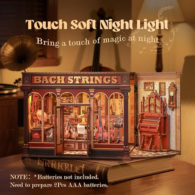 CUTEFUN Book Nook Kit - Musical Instrument Store Dollhouse Bookshelf Decor, 3D Wooden Puzzle Tiny House Miniature Model Building Kits, DIY Crafts Gifts for Adults Teens & Book Lovers (Bach Strings)