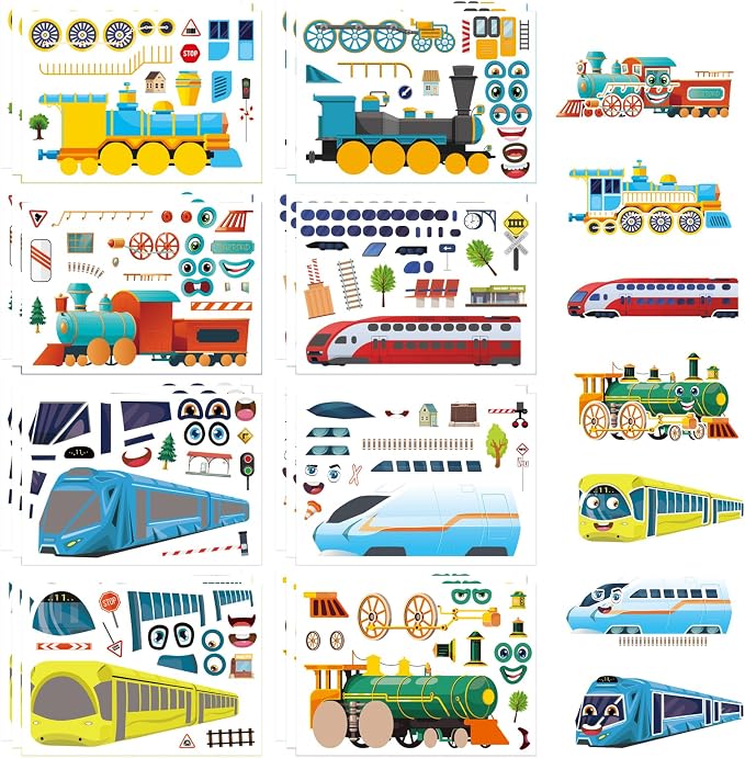 24 Sheets Train Stickers for Kids, Make-a-face Sticker, Make Your Own Train Mix and Match Stickers for DIY Crafts Party Supplies School Activity Reward Birthday Gifts