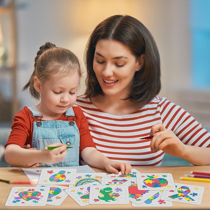 Cinrobiye 24-Pcs Autism Awareness Coloring Puzzle Kit Bulk Gifts – DIY Ribbon Puzzle Pieces with Color Pens for Teens & Adults, Autism Awareness Month Activities, School & Party Supplies