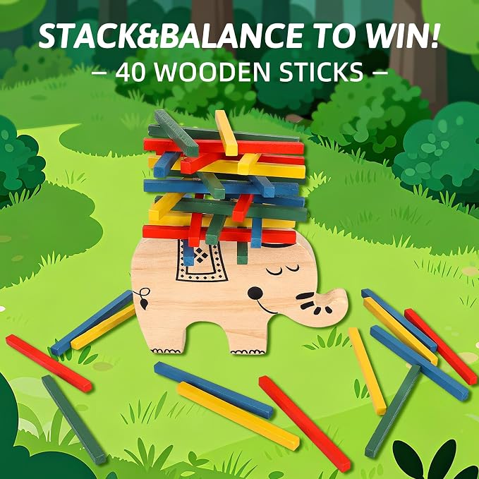 GOTHINK Elephant Stack Up – Elephant Themed Wooden Balancing Game for Motor Skill and Dexterity Building for Children Ages 3 and Up, 2+ Players, Best Travel Game