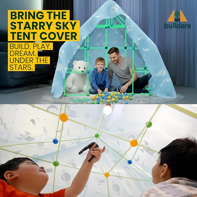 Fort Building Kit for Kids – 132 PCS Glow-in-the-Dark STEM Construction Toy with Starry Sheet & Light – Indoor Fort Builder for Boys & Girls Ages 3-8 – Creative Screen