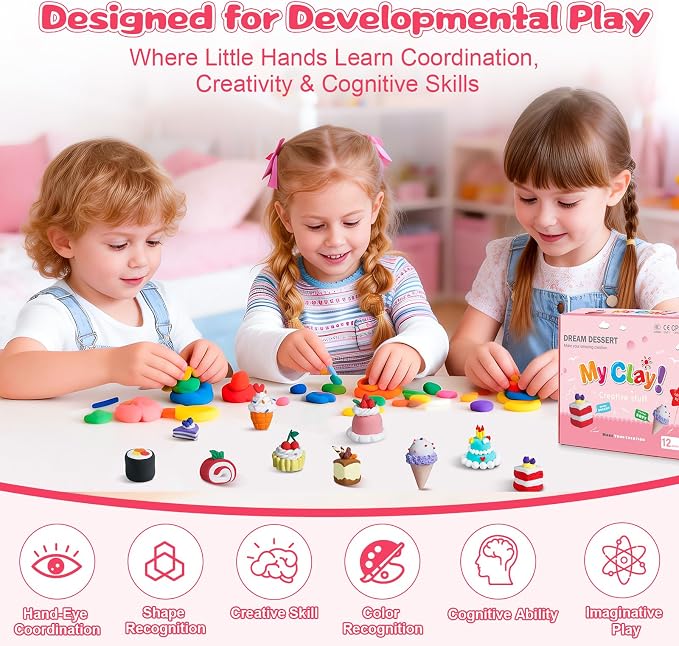 Air Dry Clay Kit, Modeling Clay for Kids, 12 Pack Dessert Theme, Soft Non-Sticky, Non-Toxic DIY Arts & Crafts with Sculpting Tools & Tutorials, Birthday Holiday Classroom Gifts, Party Favors for Kids