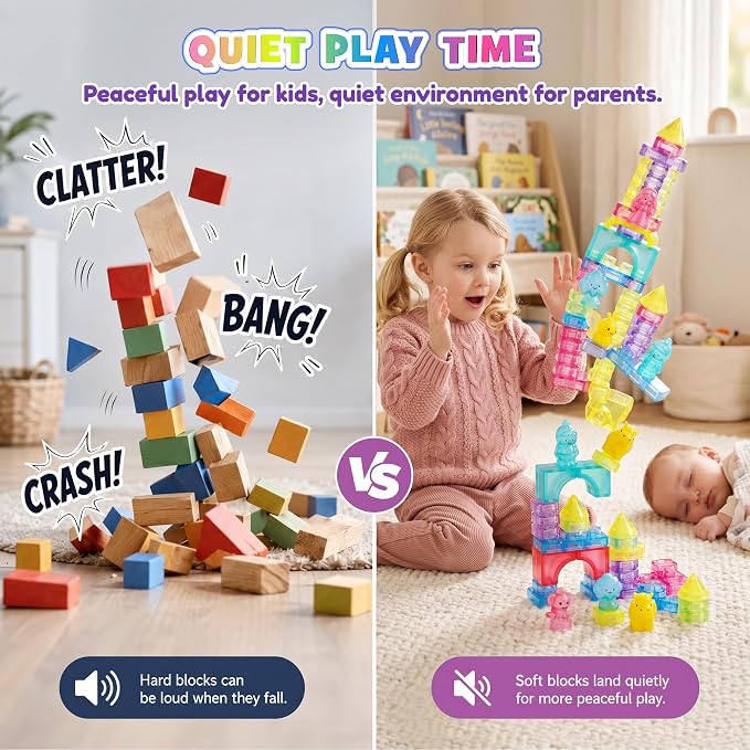 Gummy Bloc Princess Castle Building Blocks for Toddlers, 54 PCS Soft Sensory Squishy Blocks, Non-Toxic Montessori Stacking Toys for Fine Motor Skills, STEM Preschool Educational Gift for Girls
