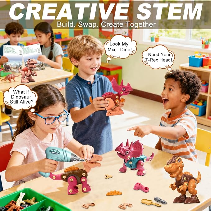 Laradola Assemble Dinosaur Toys for Kids: 3 Pack Dinosaur Construction Building Set with Electric Toy Drill & Screwdrivers - STEM Learning Hands-On Play Birthday Gift for Boys Girls Ages 3-5 5-7