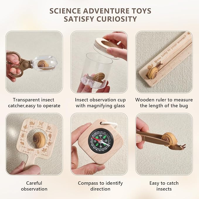 Montessori Wooden Bug Catcher Kit for Kids - 8-in-1 Outdoor Explorer Set with Habitat, Net & Magnifying Glass STEM Learning Toys for Ages 3-8 Nature Gift for Boys & Girls